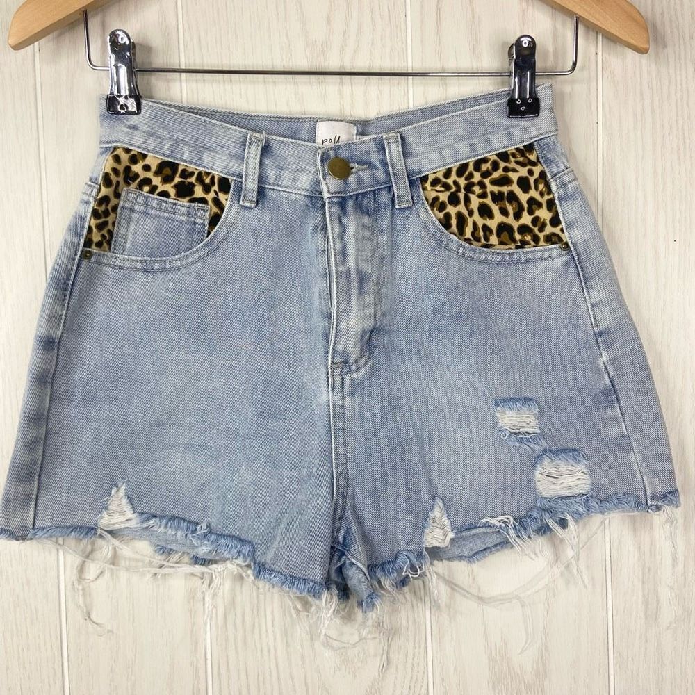 Polly Women's Cut Off Denim Shorts Animal Print Pockets Distressed Blue Size 0